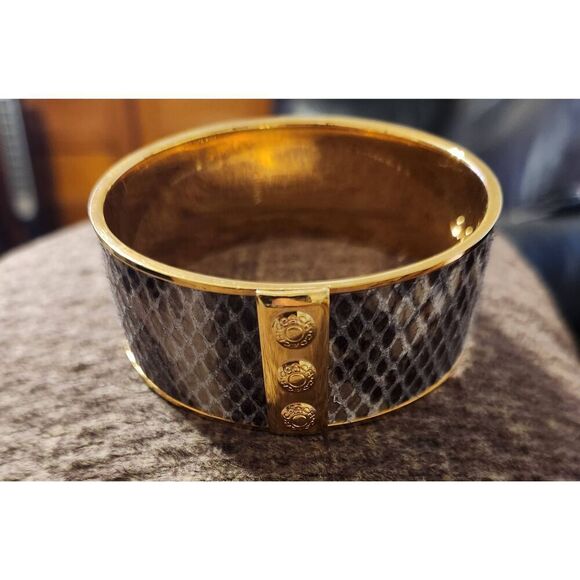 Coach F99649 Leather Python Inlaid Bangle Bracelet with Goldtone trim - Picture 2 of 7